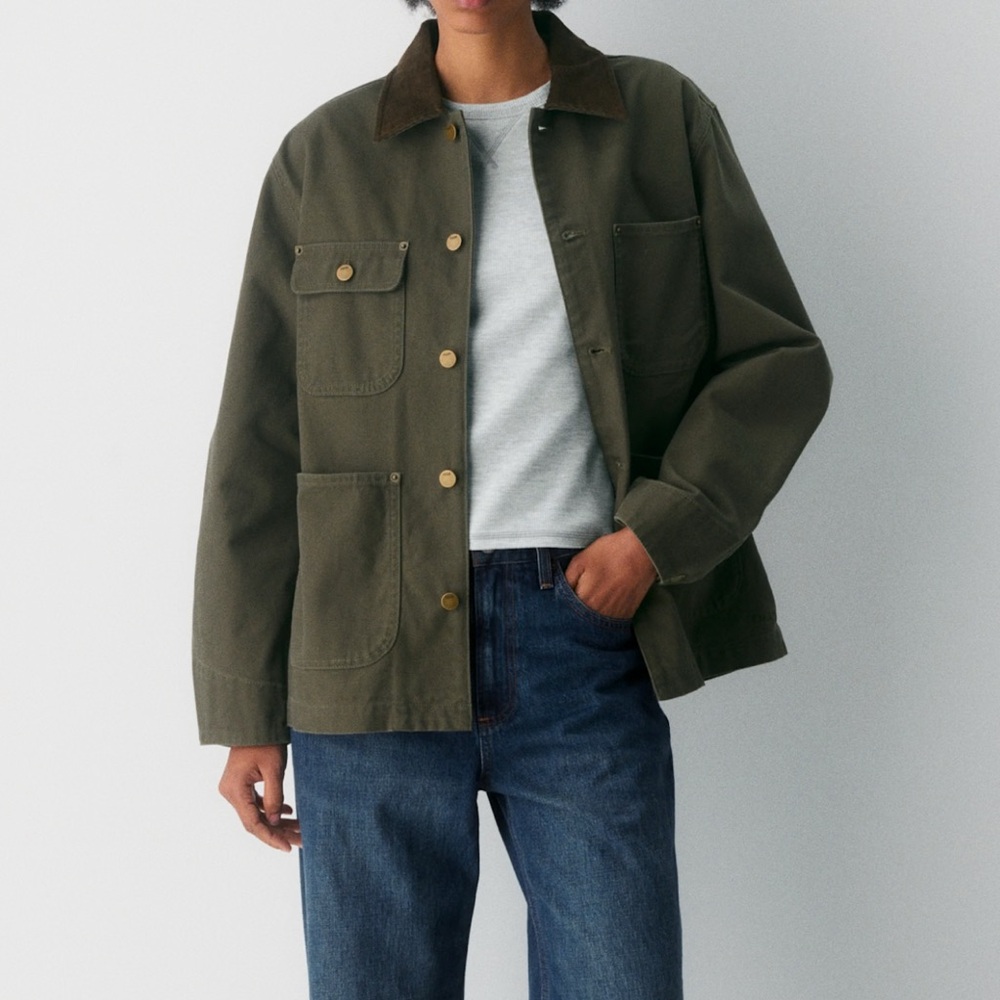Aritzia Olive Green Utility Jacket with Brown Corduroy Collar